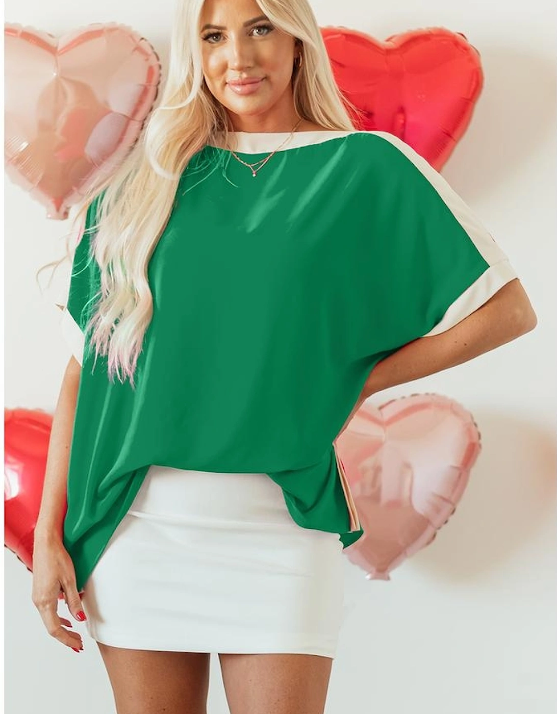 Green Oversized Color Block Boat Neck Tunic Blouse