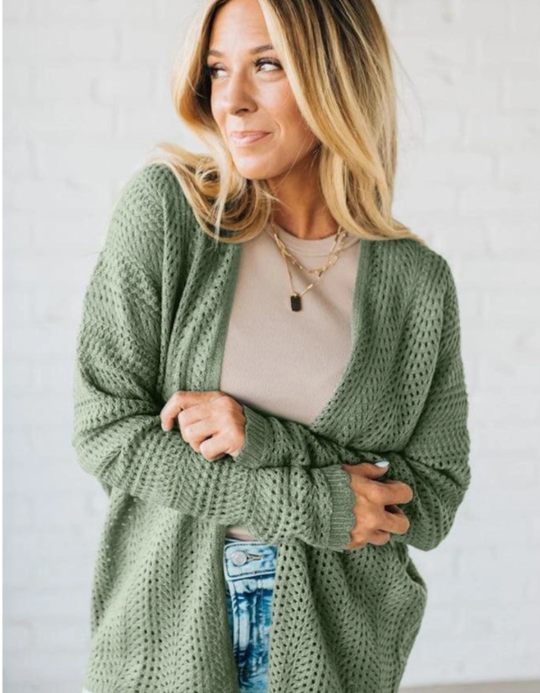 Green Bay Scalloped Edge Eyelet Knit Batwing Sleeve Cardigan