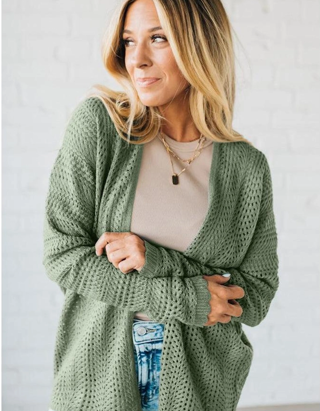Green Bay Scalloped Edge Eyelet Knit Batwing Sleeve Cardigan