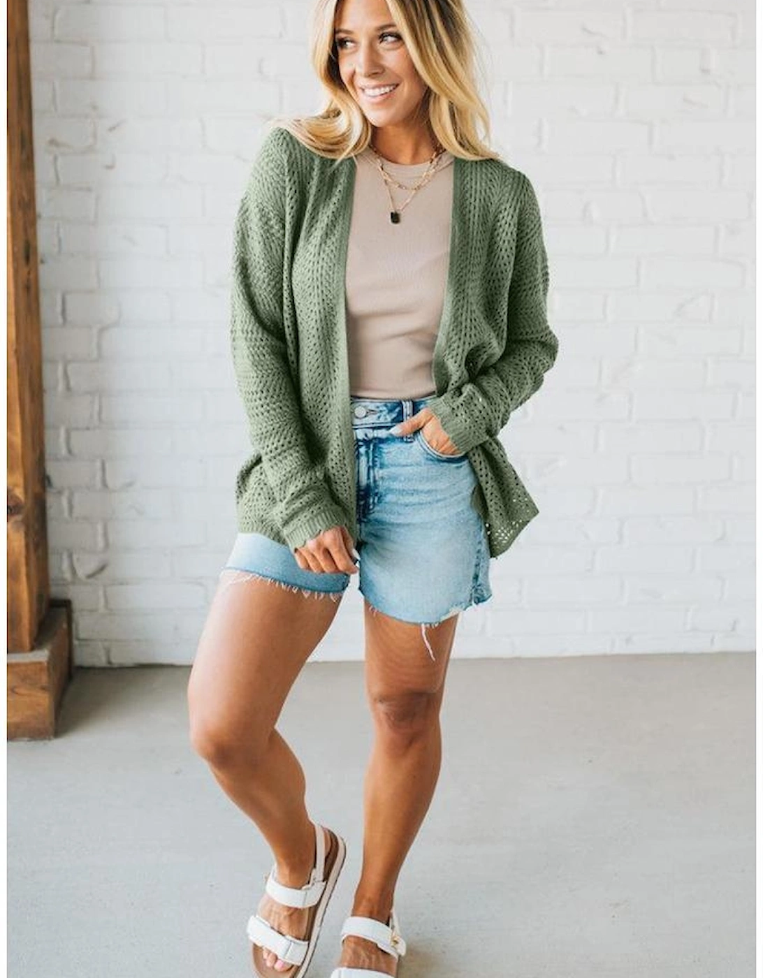 Green Bay Scalloped Edge Eyelet Knit Batwing Sleeve Cardigan
