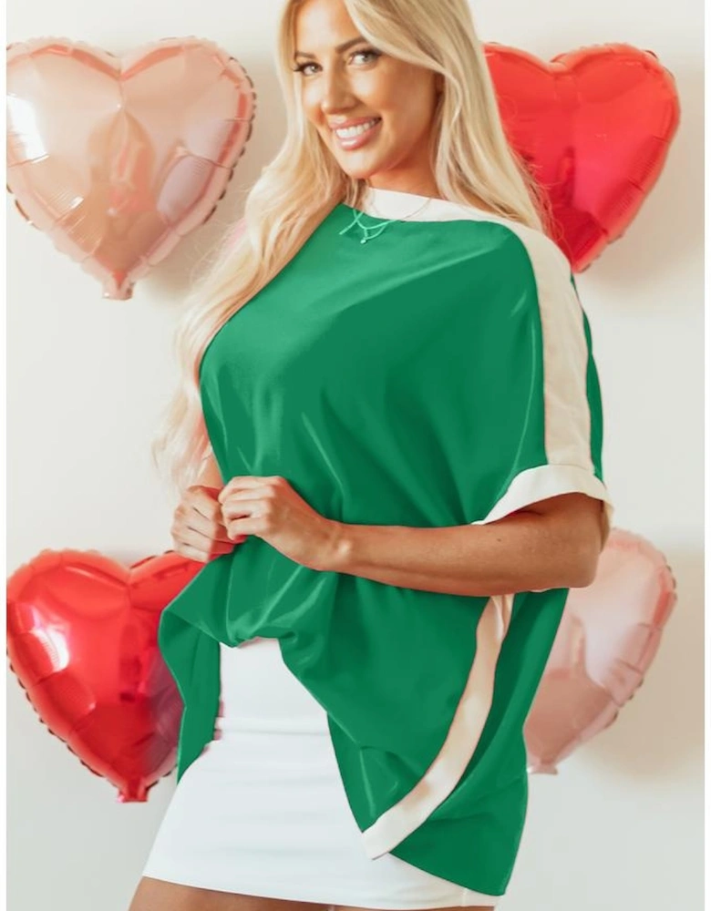 Green Oversized Color Block Boat Neck Tunic Blouse