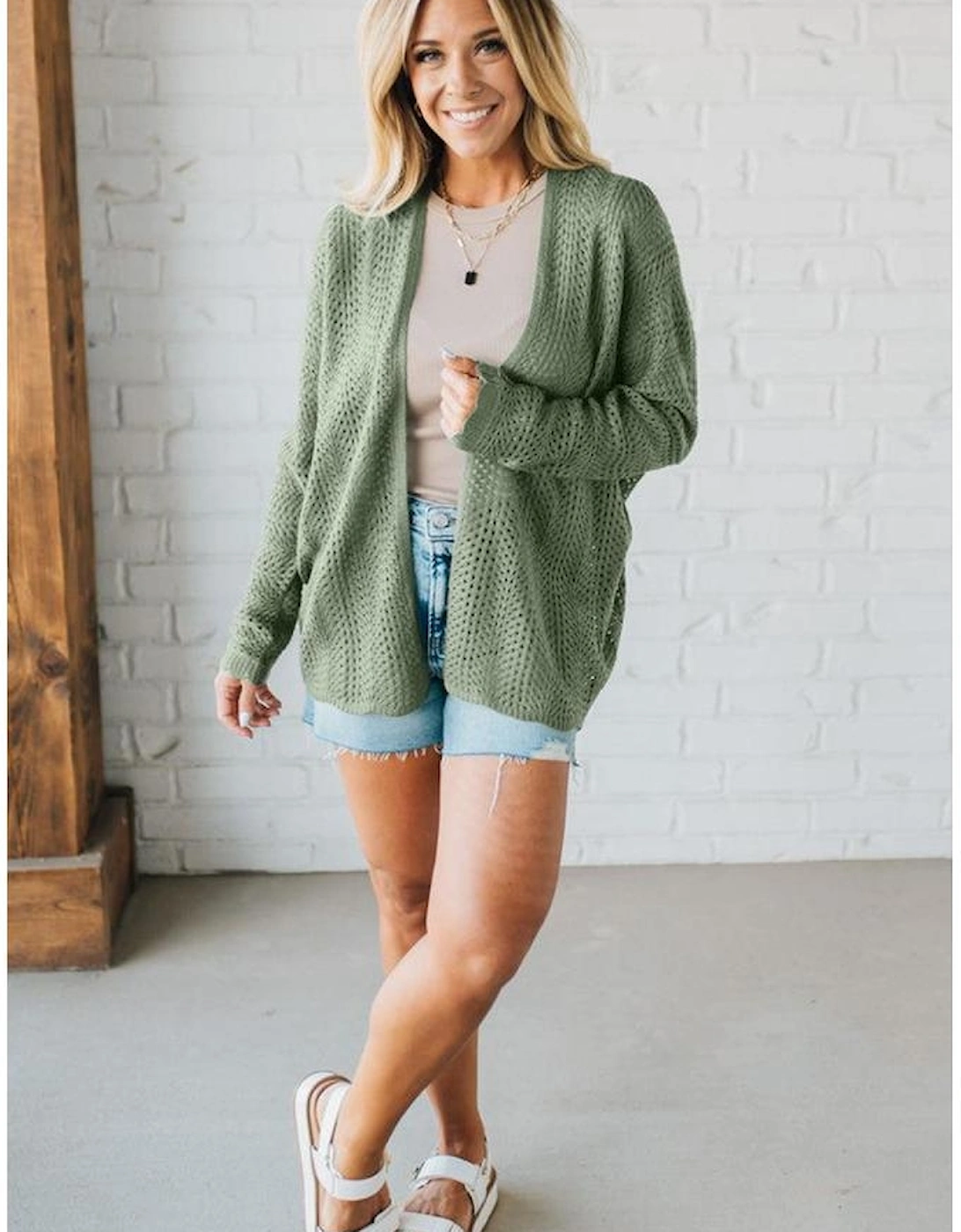 Green Bay Scalloped Edge Eyelet Knit Batwing Sleeve Cardigan
