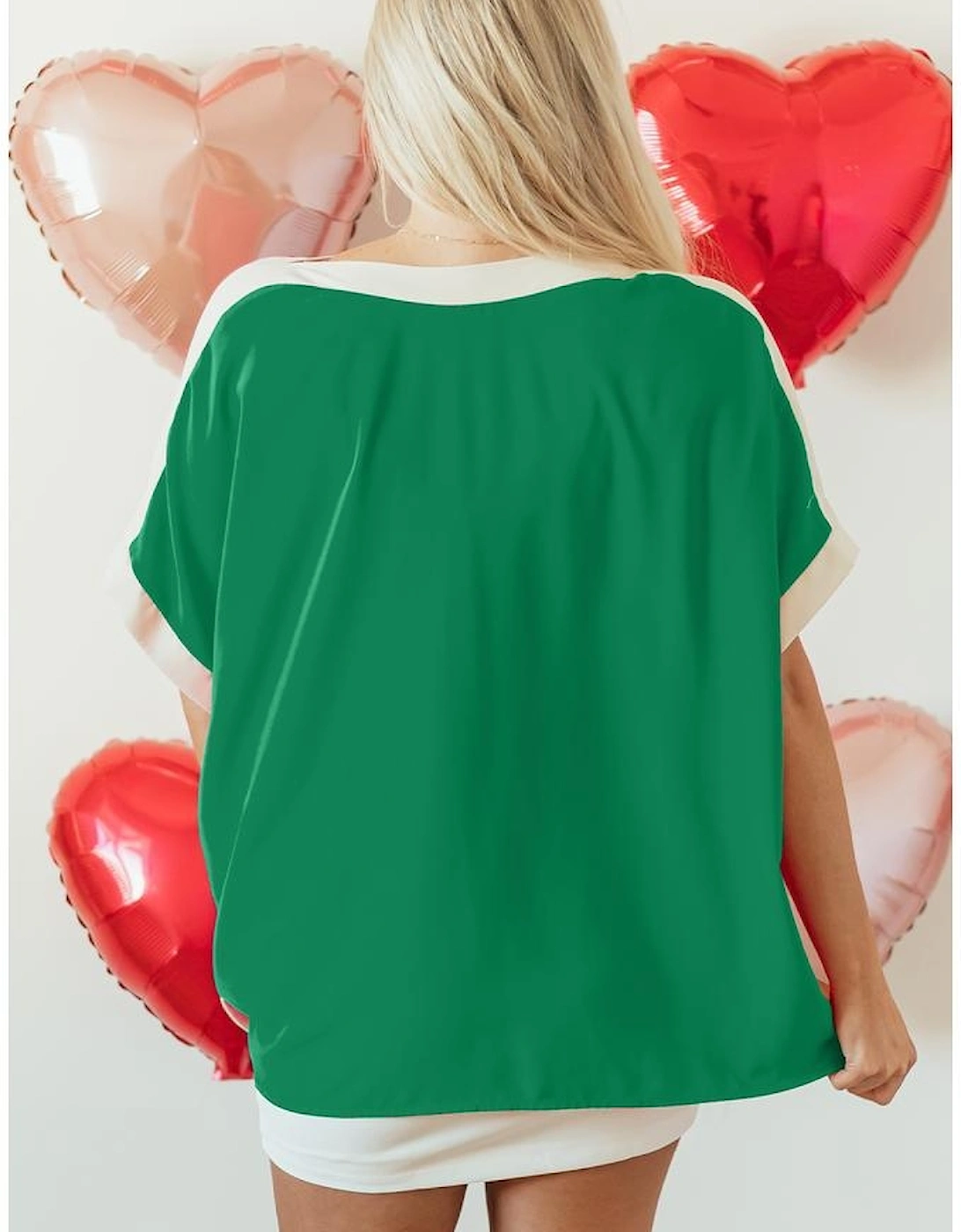 Green Oversized Color Block Boat Neck Tunic Blouse
