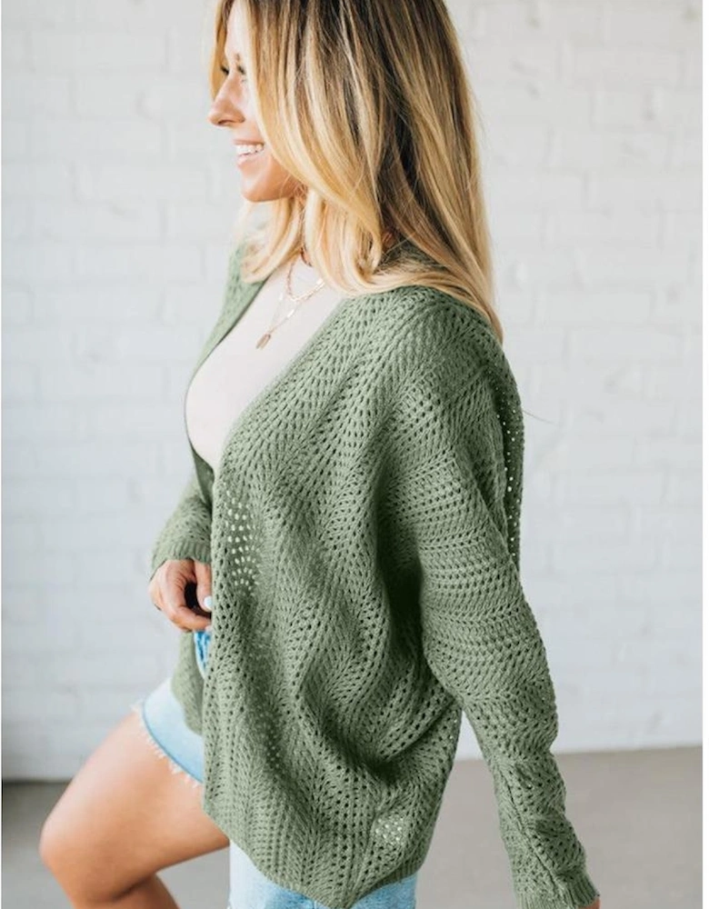 Green Bay Scalloped Edge Eyelet Knit Batwing Sleeve Cardigan