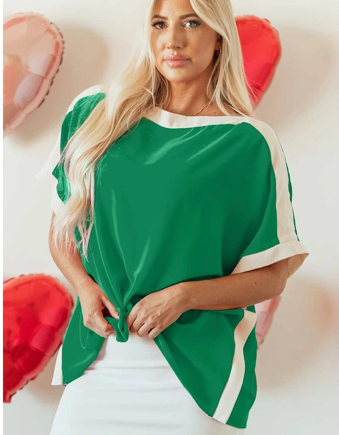 Green Oversized Color Block Boat Neck Tunic Blouse