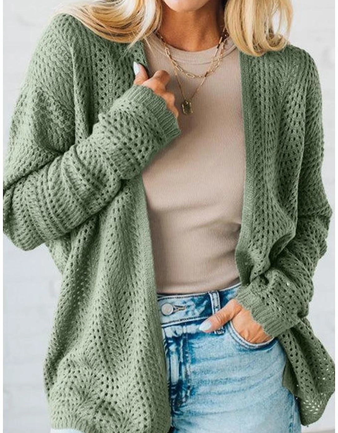 Green Bay Scalloped Edge Eyelet Knit Batwing Sleeve Cardigan