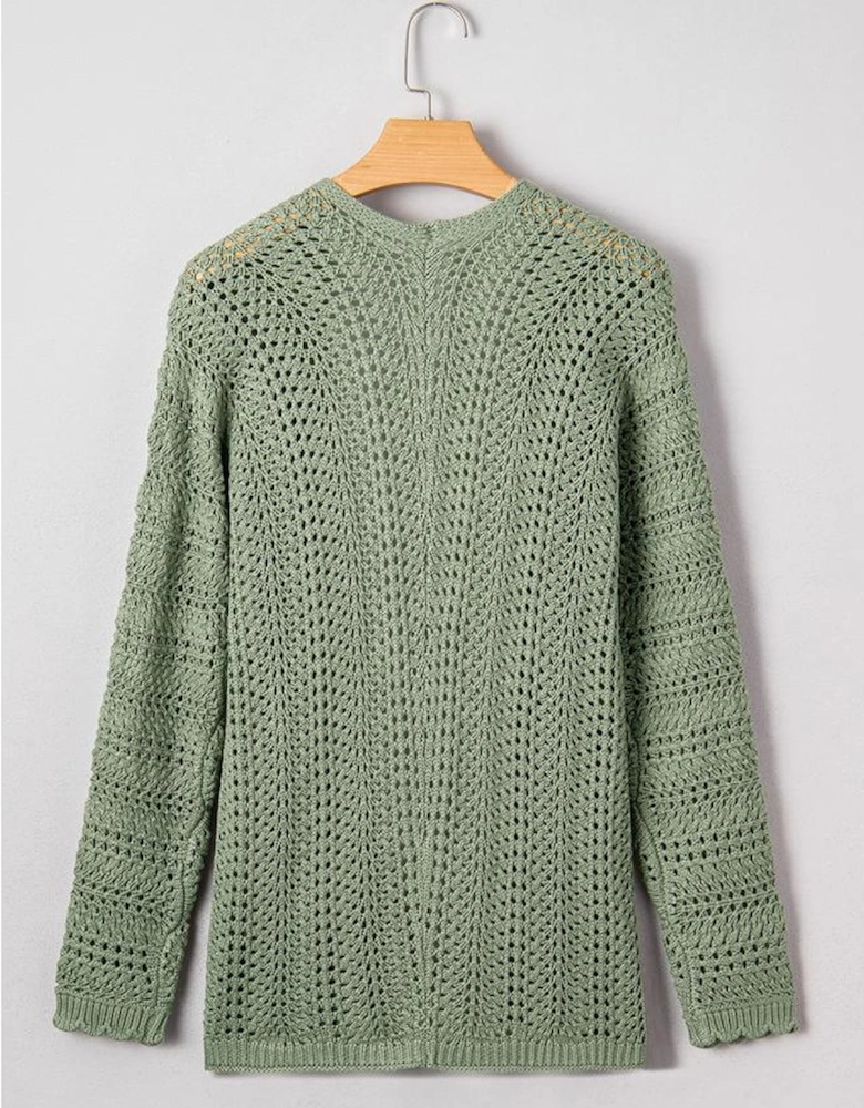 Green Bay Scalloped Edge Eyelet Knit Batwing Sleeve Cardigan