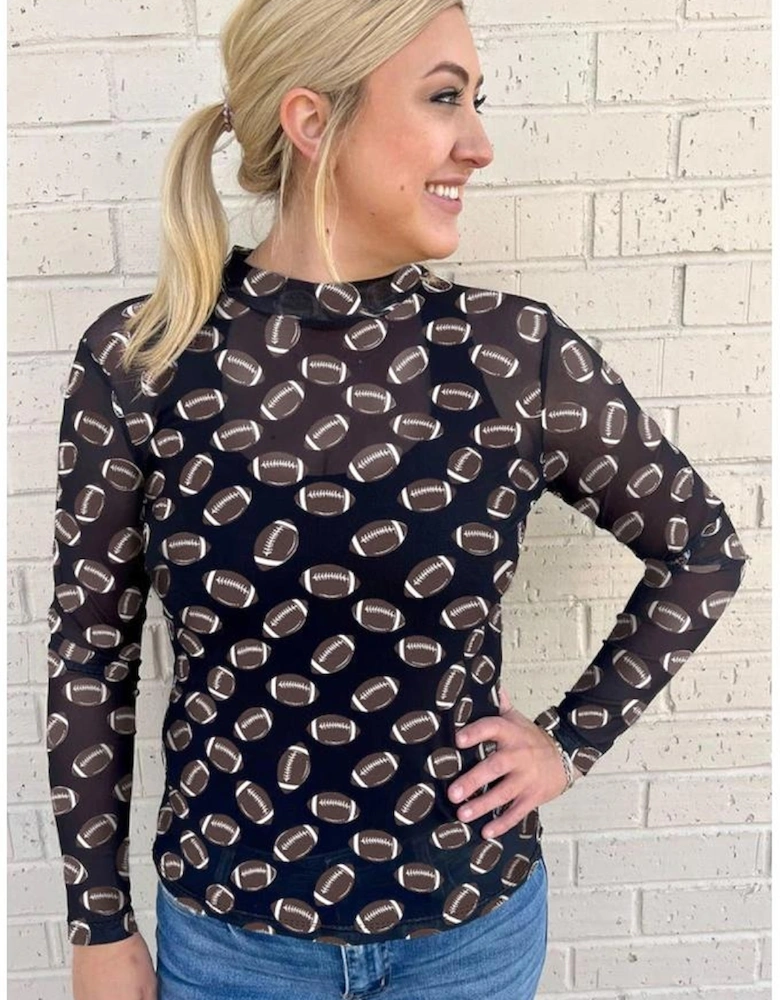 Black Game Day Rugby Mesh Sheer Long Sleeve Top