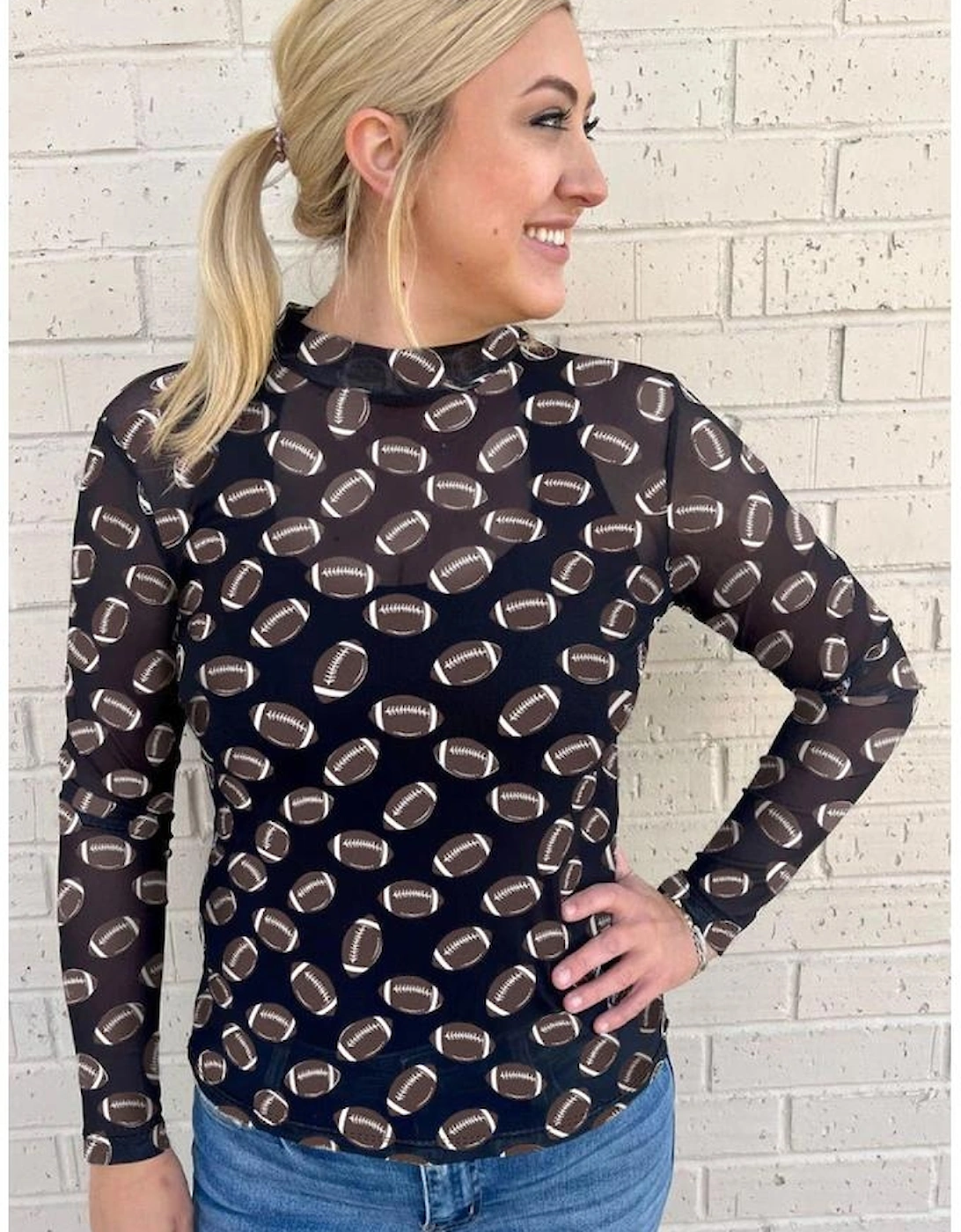 Black Game Day Rugby Mesh Sheer Long Sleeve Top, 5 of 4