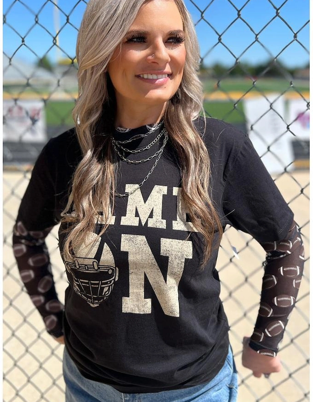 Black Game Day Rugby Mesh Sheer Long Sleeve Top