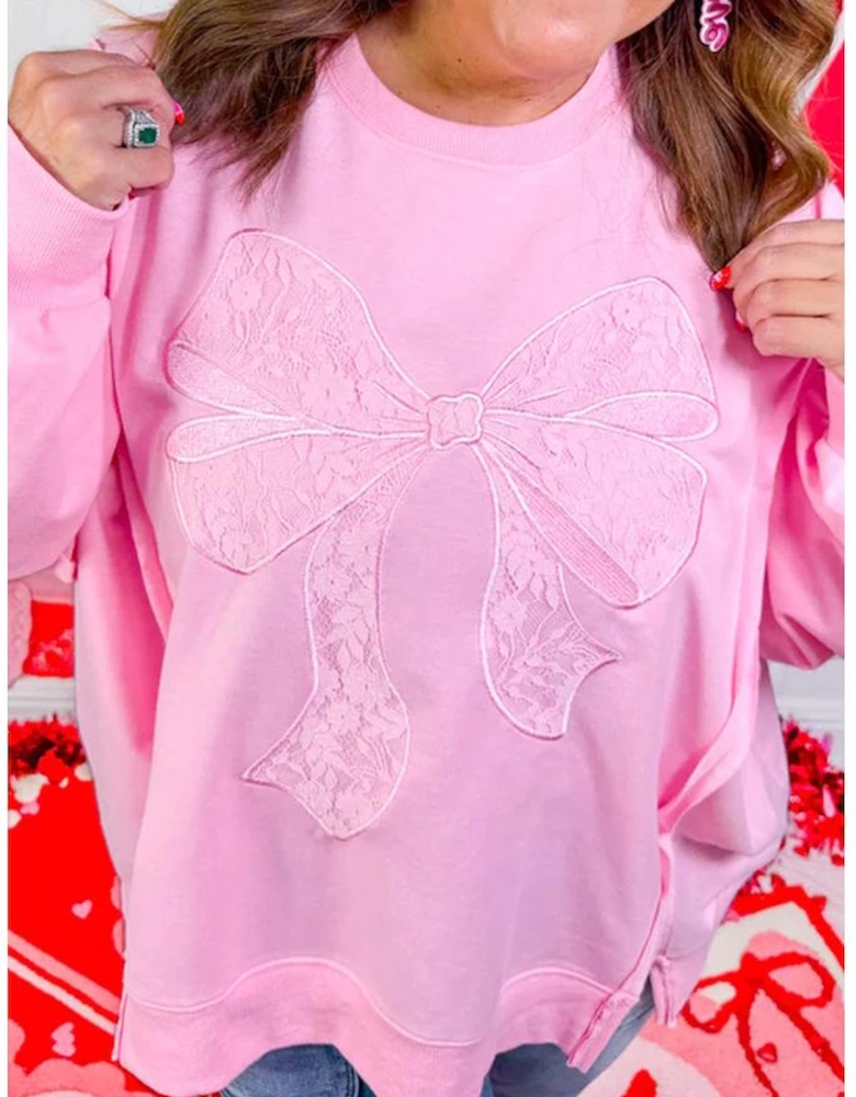 Pink Big Bow Lace Embroidered Dolman Sleeve Slit Plus Size Sweatshirt