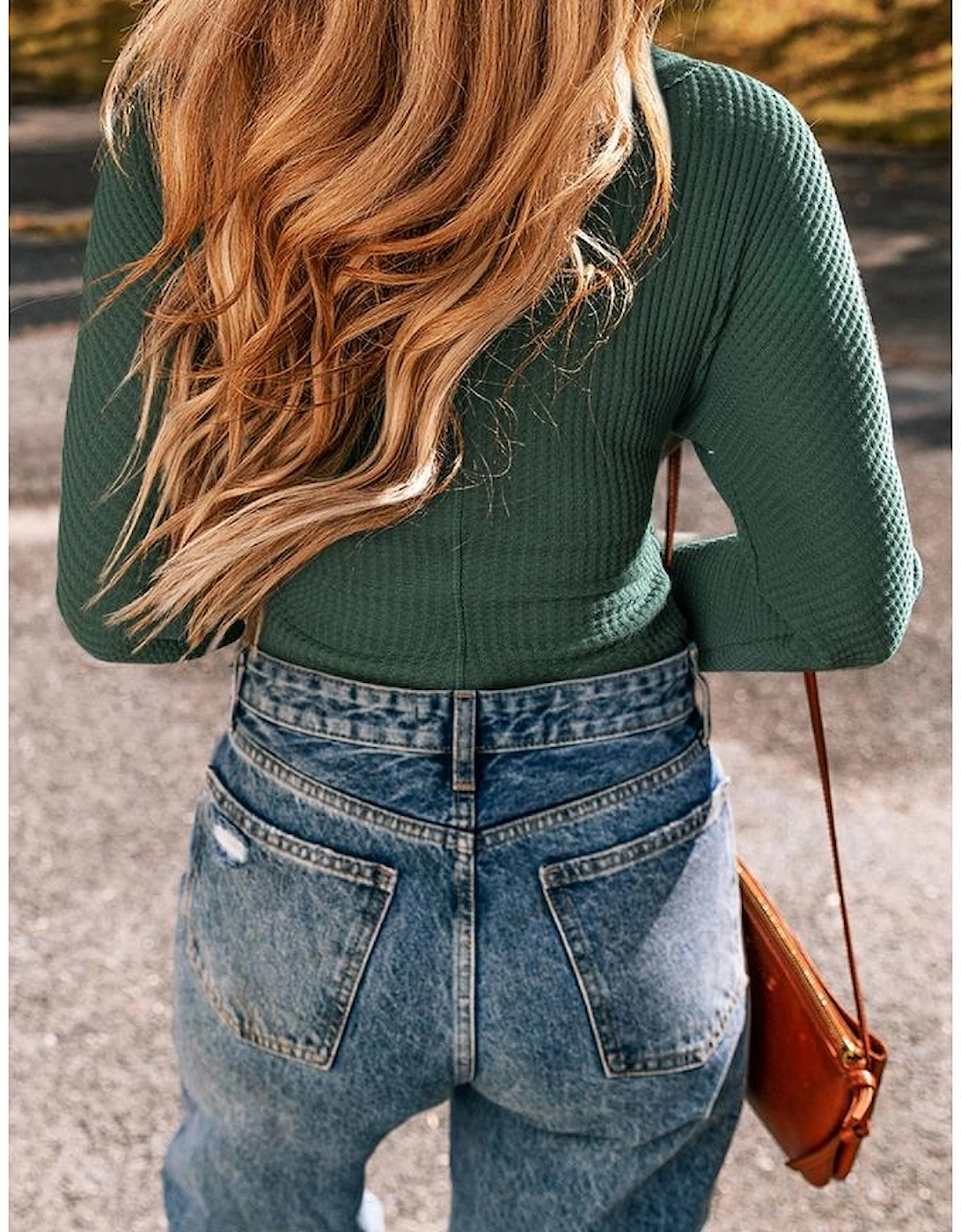 Blackish Green Waffle Knit Slim Fit Wrap V Neck Bodysuit, 7 of 6