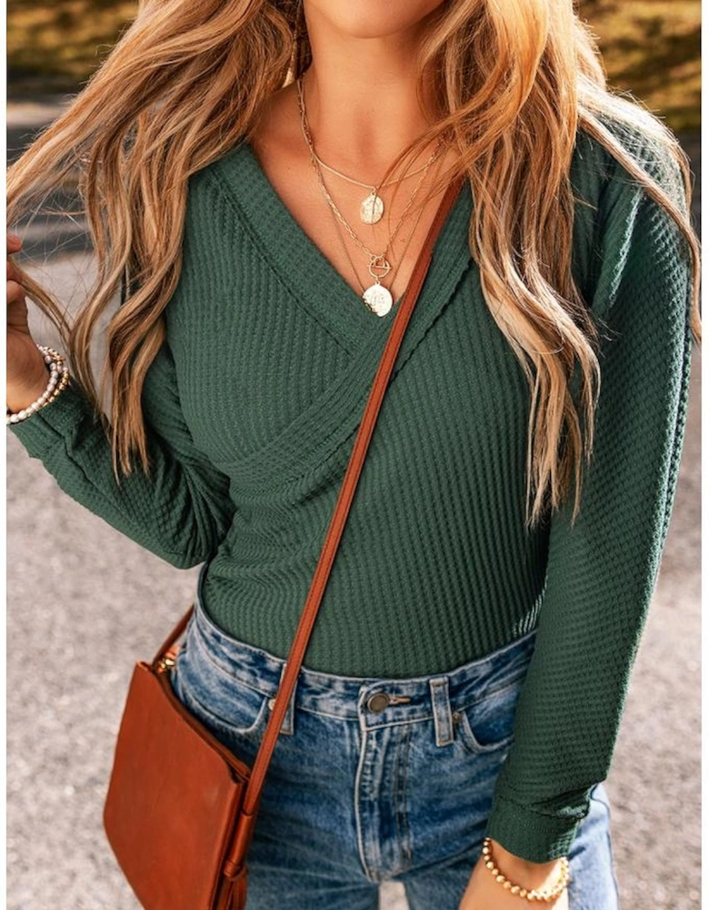 Blackish Green Waffle Knit Slim Fit Wrap V Neck Bodysuit