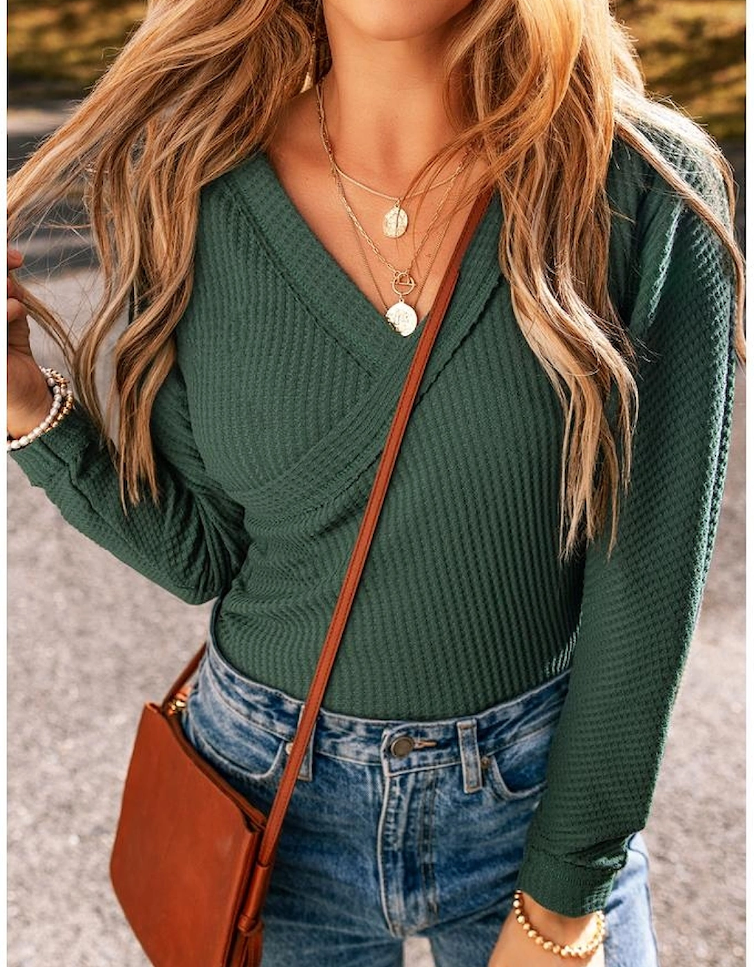 Blackish Green Waffle Knit Slim Fit Wrap V Neck Bodysuit