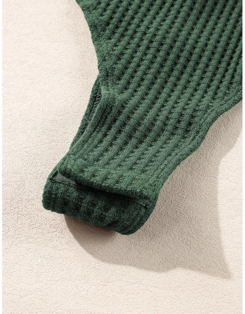 Blackish Green Waffle Knit Slim Fit Wrap V Neck Bodysuit