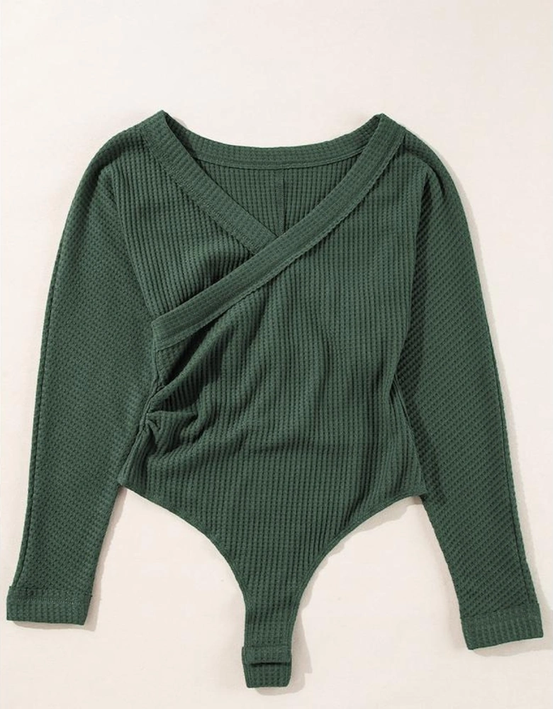 Blackish Green Waffle Knit Slim Fit Wrap V Neck Bodysuit