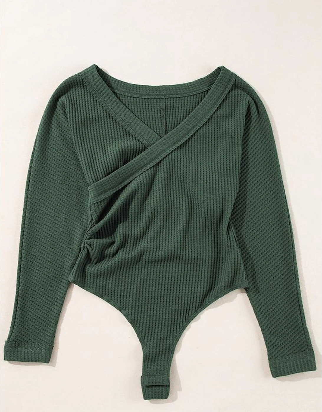 Blackish Green Waffle Knit Slim Fit Wrap V Neck Bodysuit