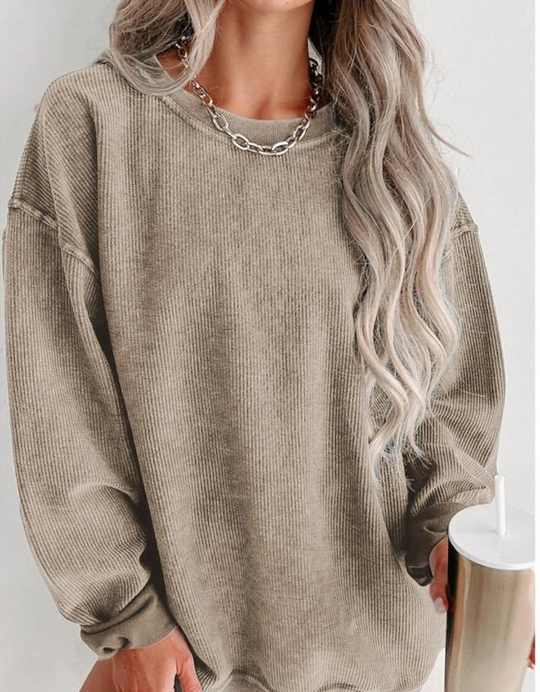 Khaki Solid Ribbed Knit Round Neck Pullover Sweatshirt