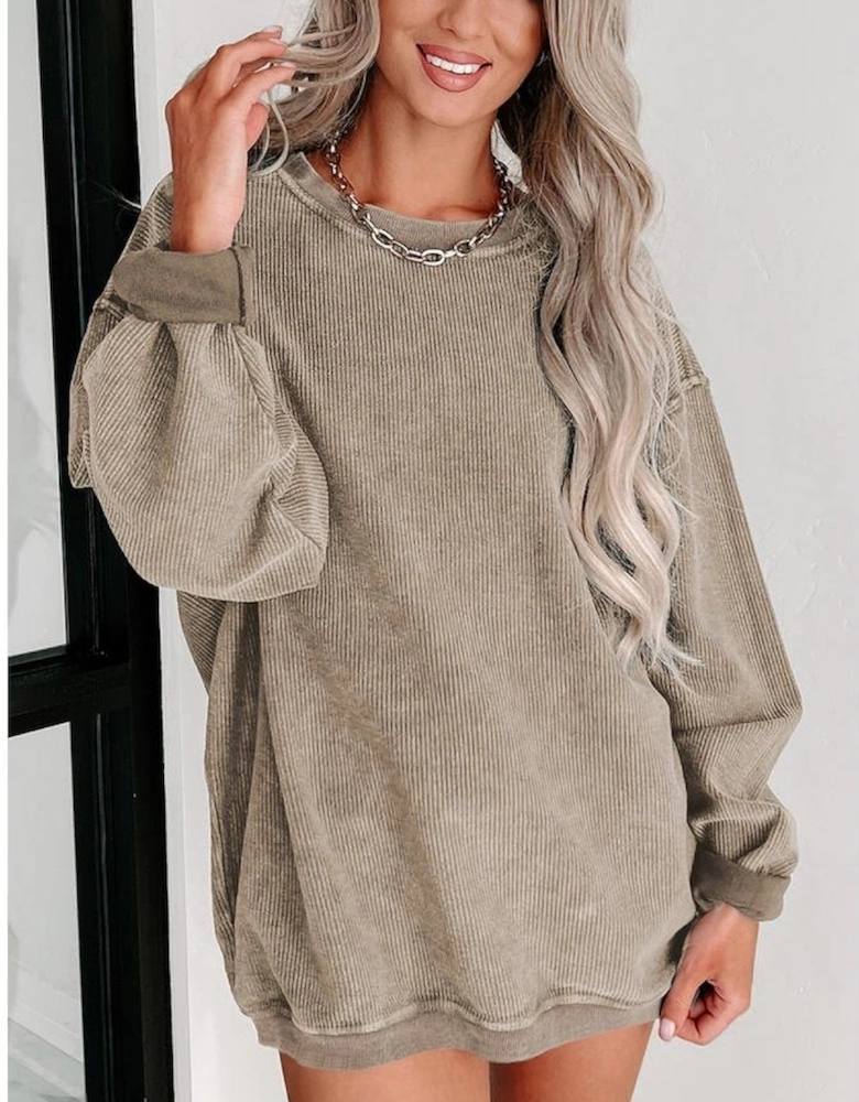 Khaki Solid Ribbed Knit Round Neck Pullover Sweatshirt
