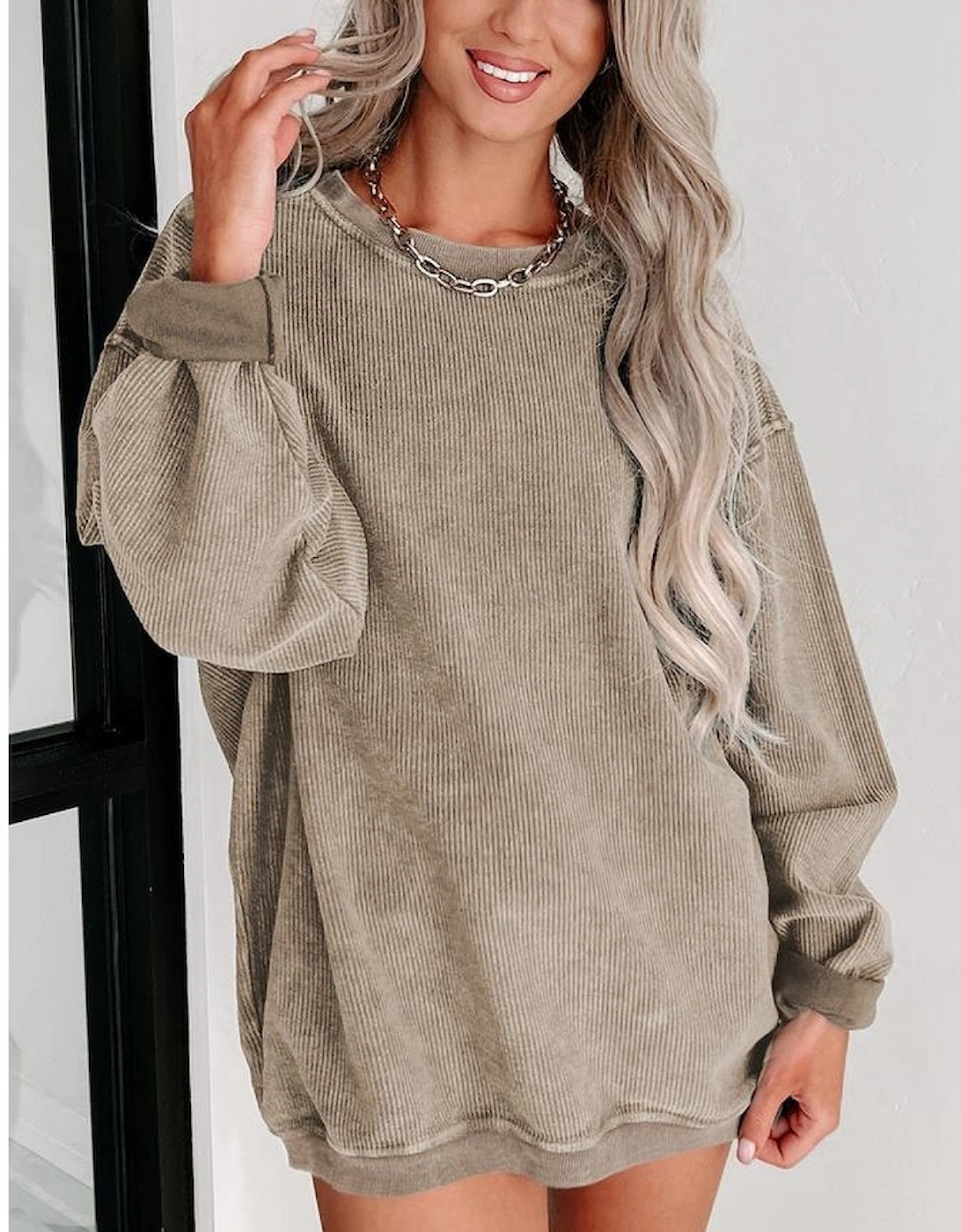 Khaki Solid Ribbed Knit Round Neck Pullover Sweatshirt