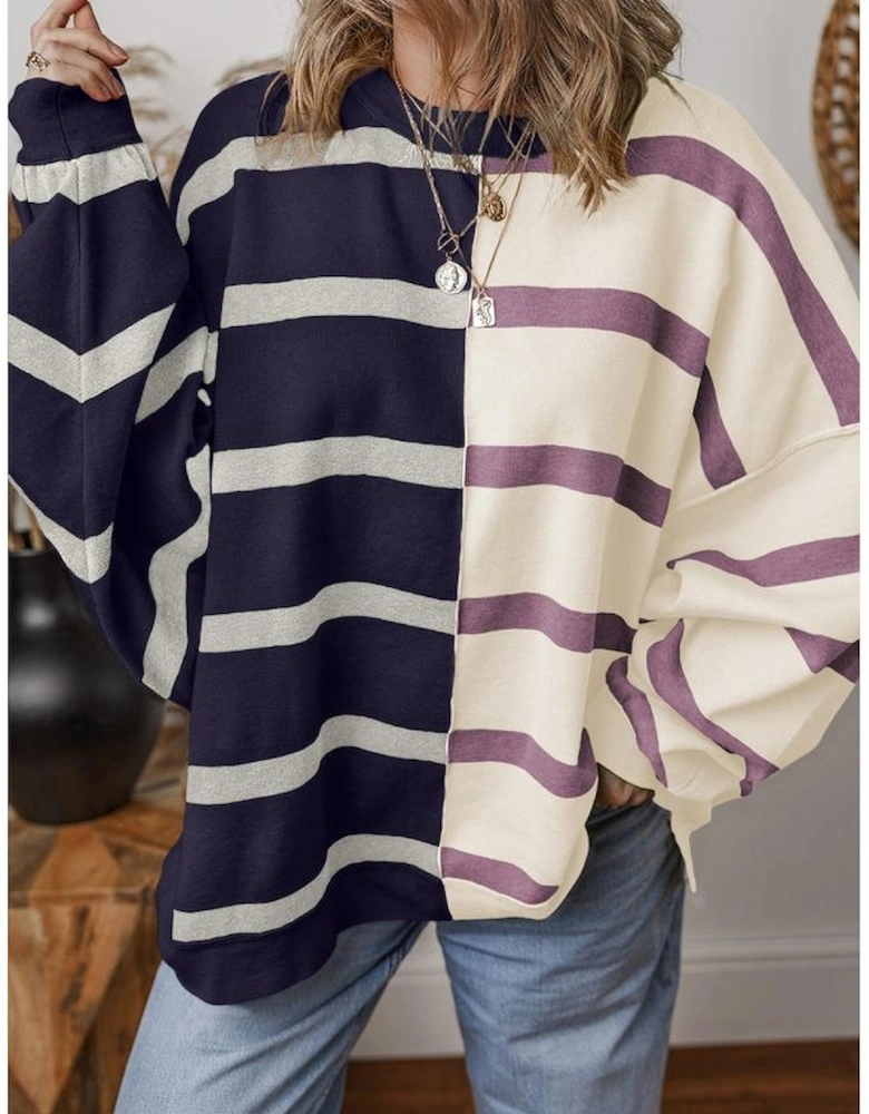 Blue Stripe Colorblock Oversized Sweater
