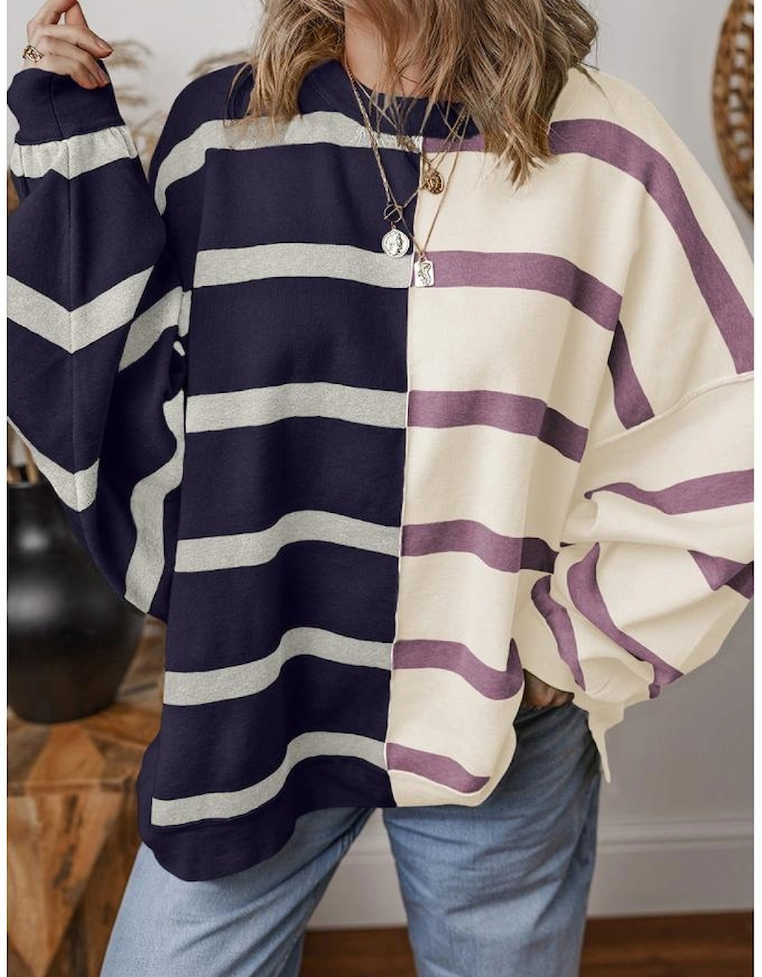 Blue Stripe Colorblock Oversized Sweater, 16 of 15