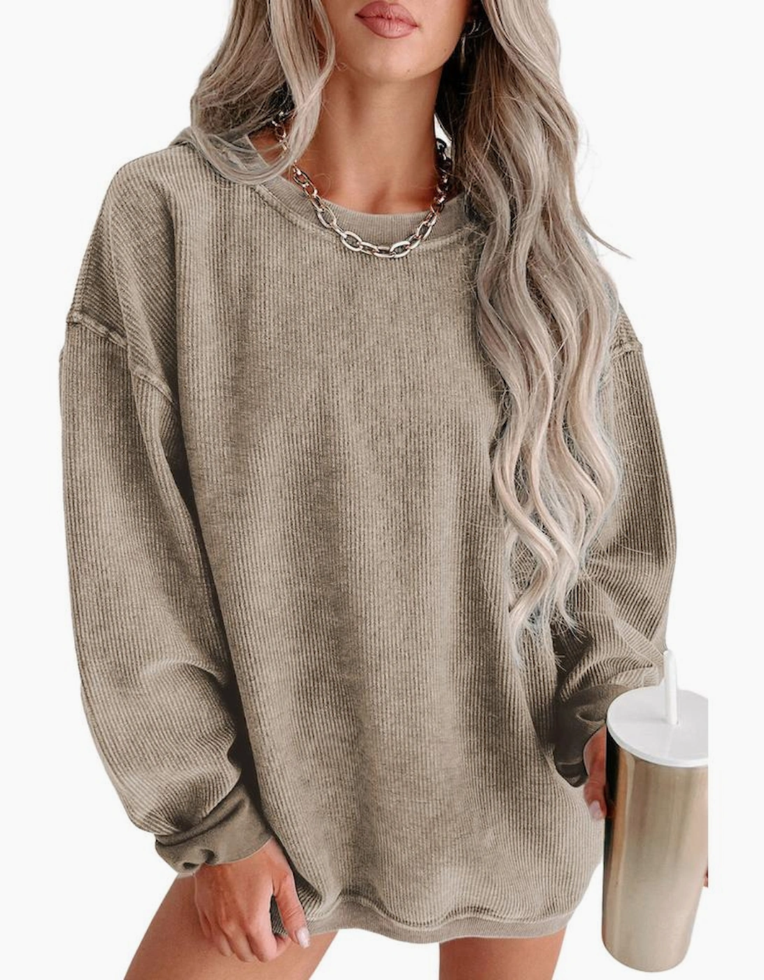 Khaki Solid Ribbed Knit Round Neck Pullover Sweatshirt