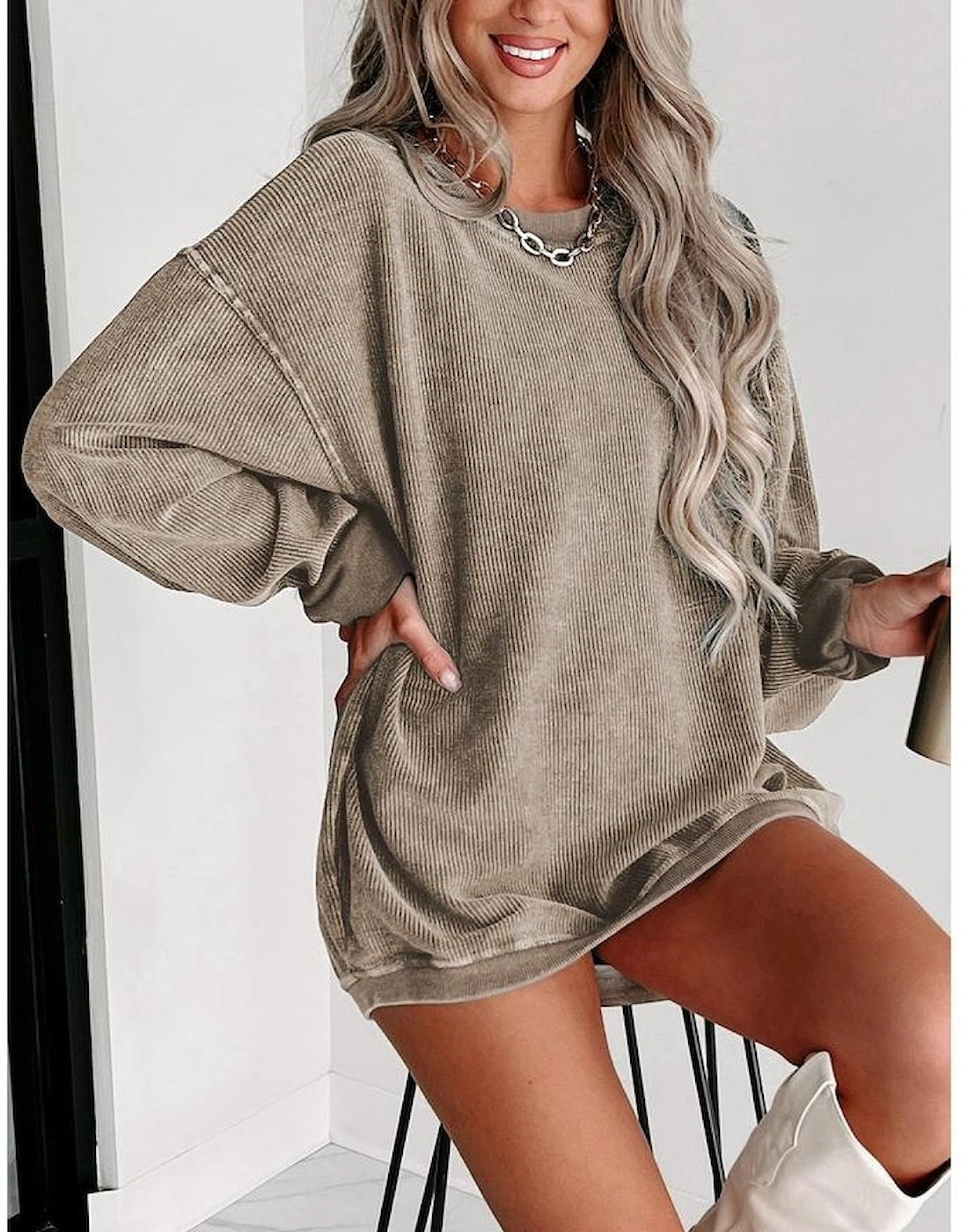 Khaki Solid Ribbed Knit Round Neck Pullover Sweatshirt
