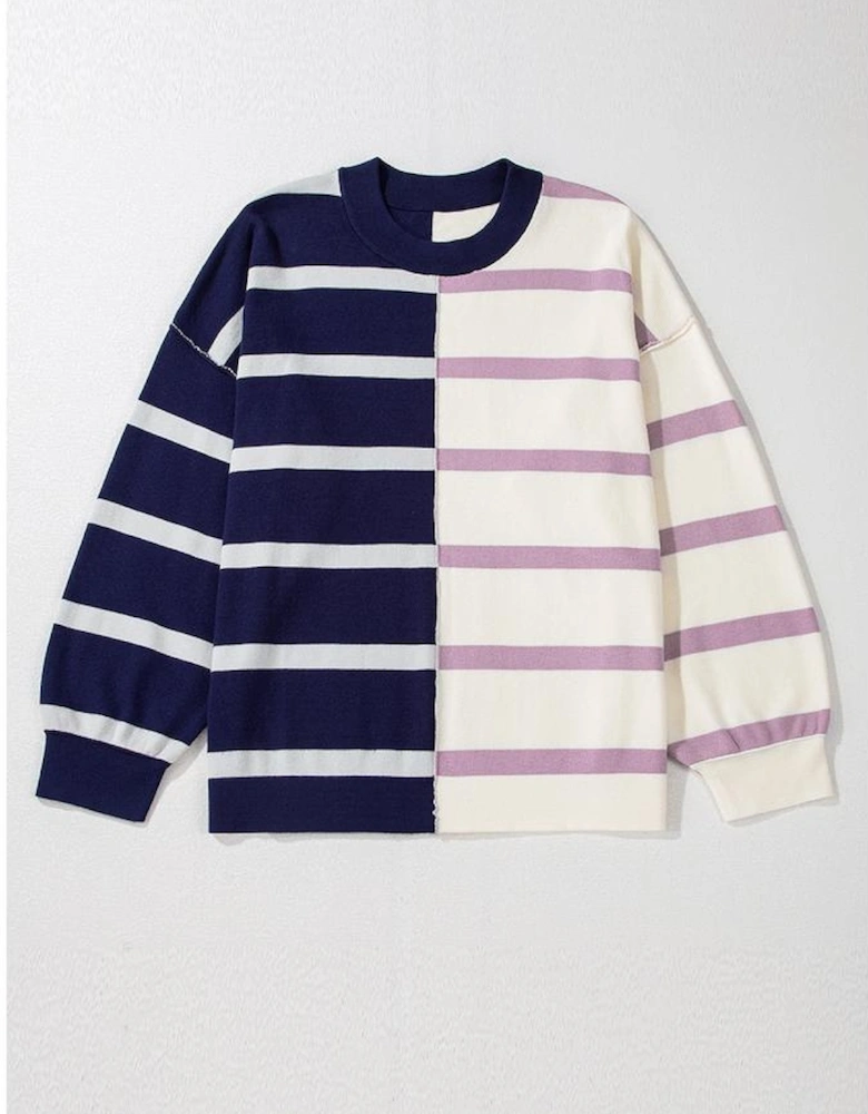 Blue Stripe Colorblock Oversized Sweater