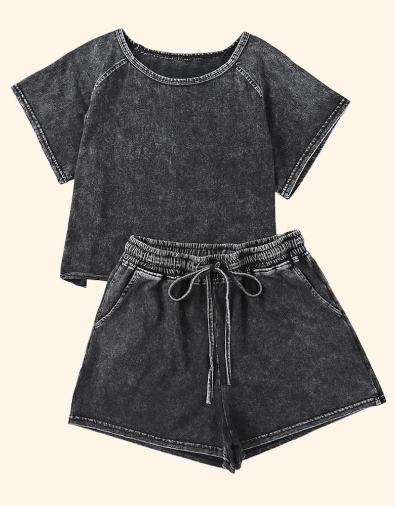 Black Acid Washed Short Lounge Set