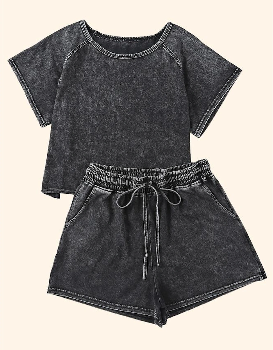 Black Acid Washed Short Lounge Set