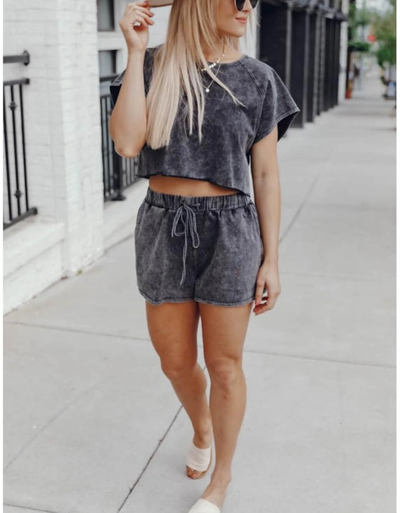 Black Acid Washed Short Lounge Set