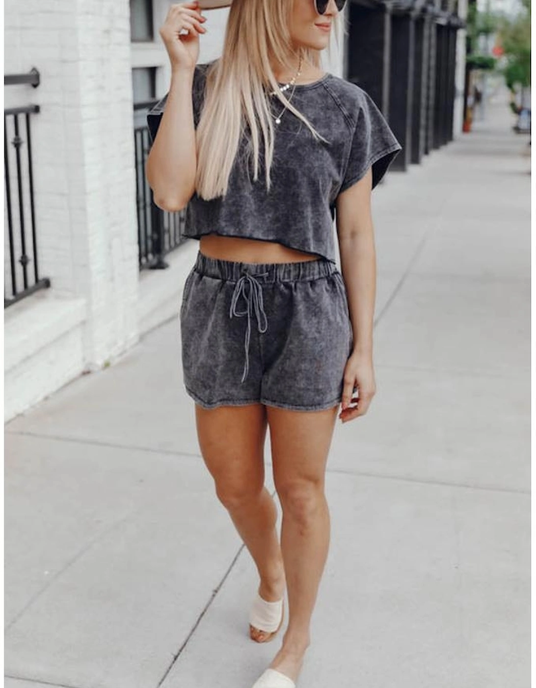 Black Acid Washed Short Lounge Set