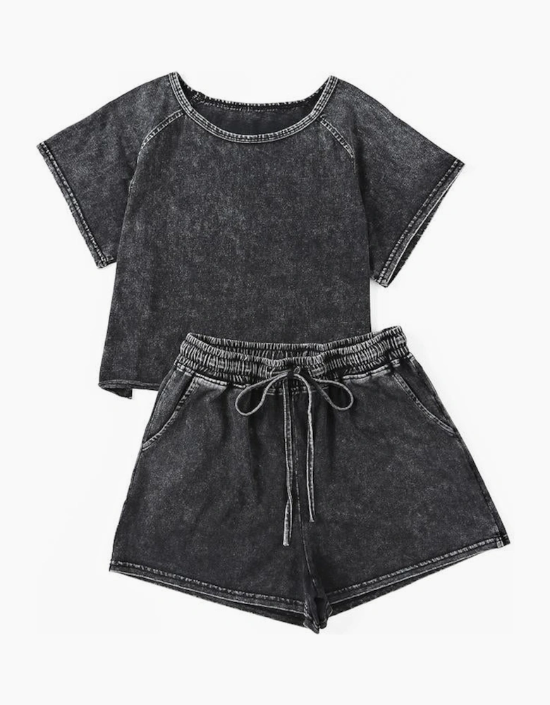 Black Acid Washed Short Lounge Set