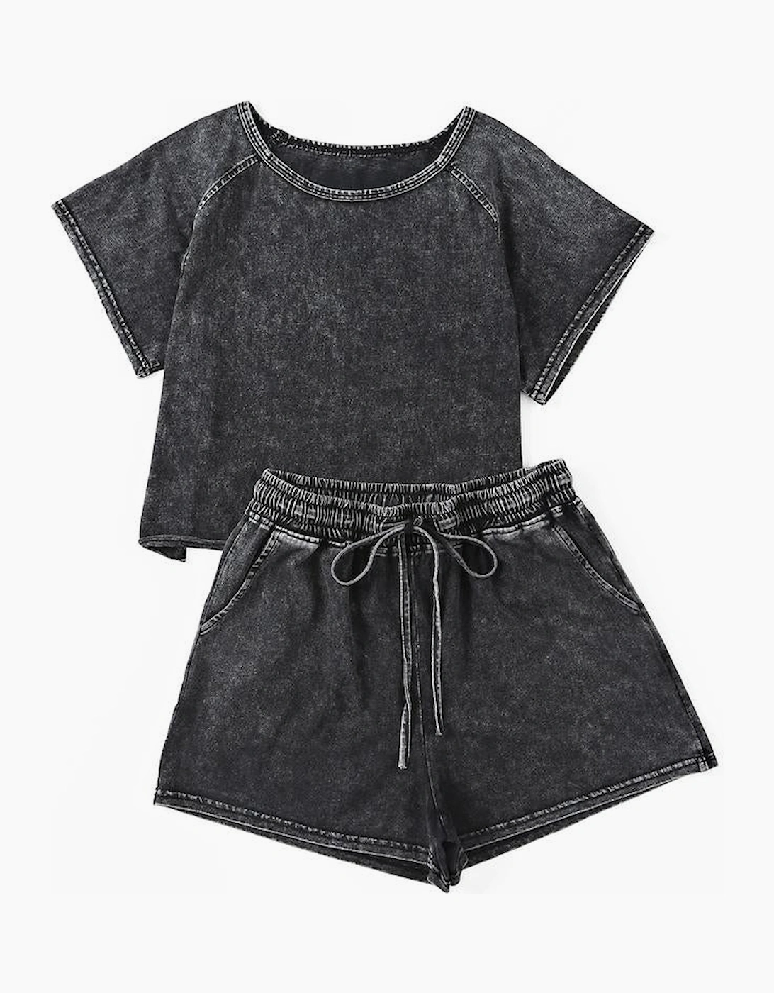 Black Acid Washed Short Lounge Set
