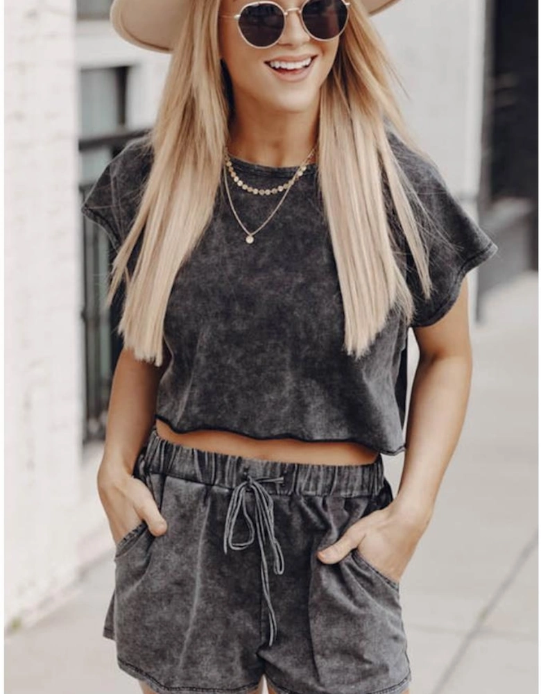 Black Acid Washed Short Lounge Set