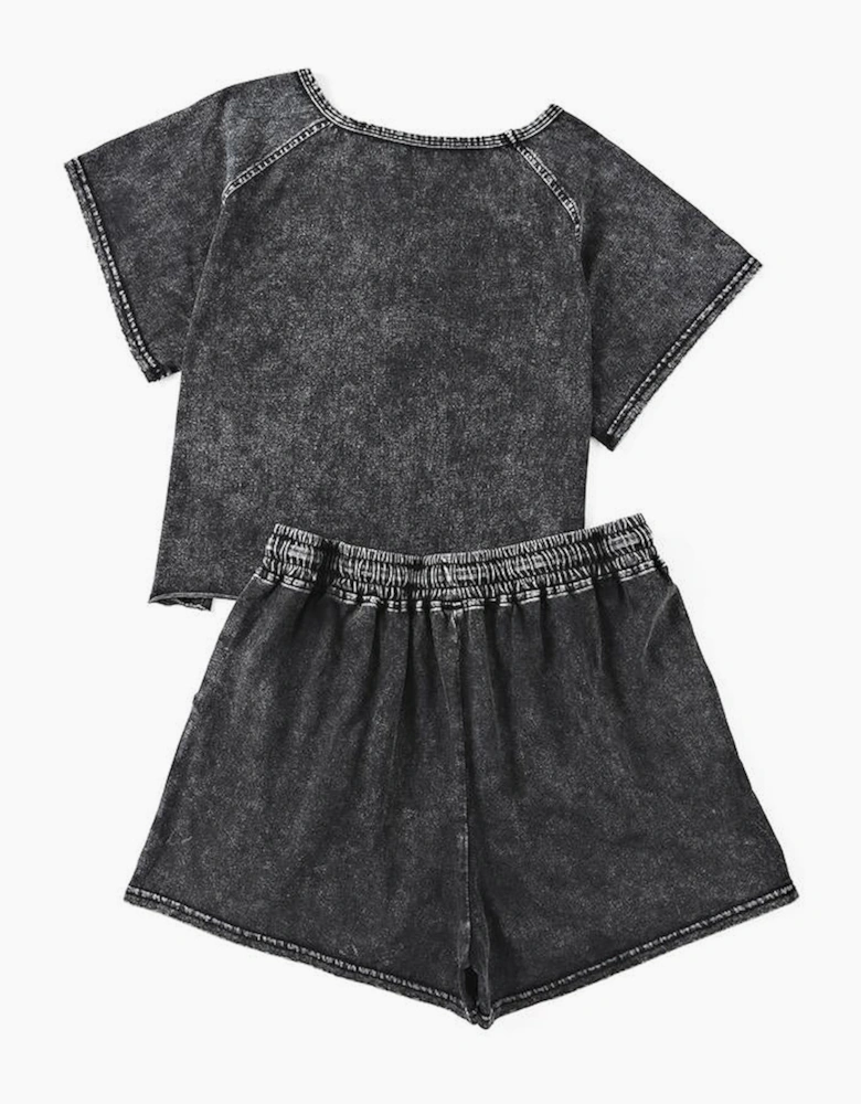 Black Acid Washed Short Lounge Set