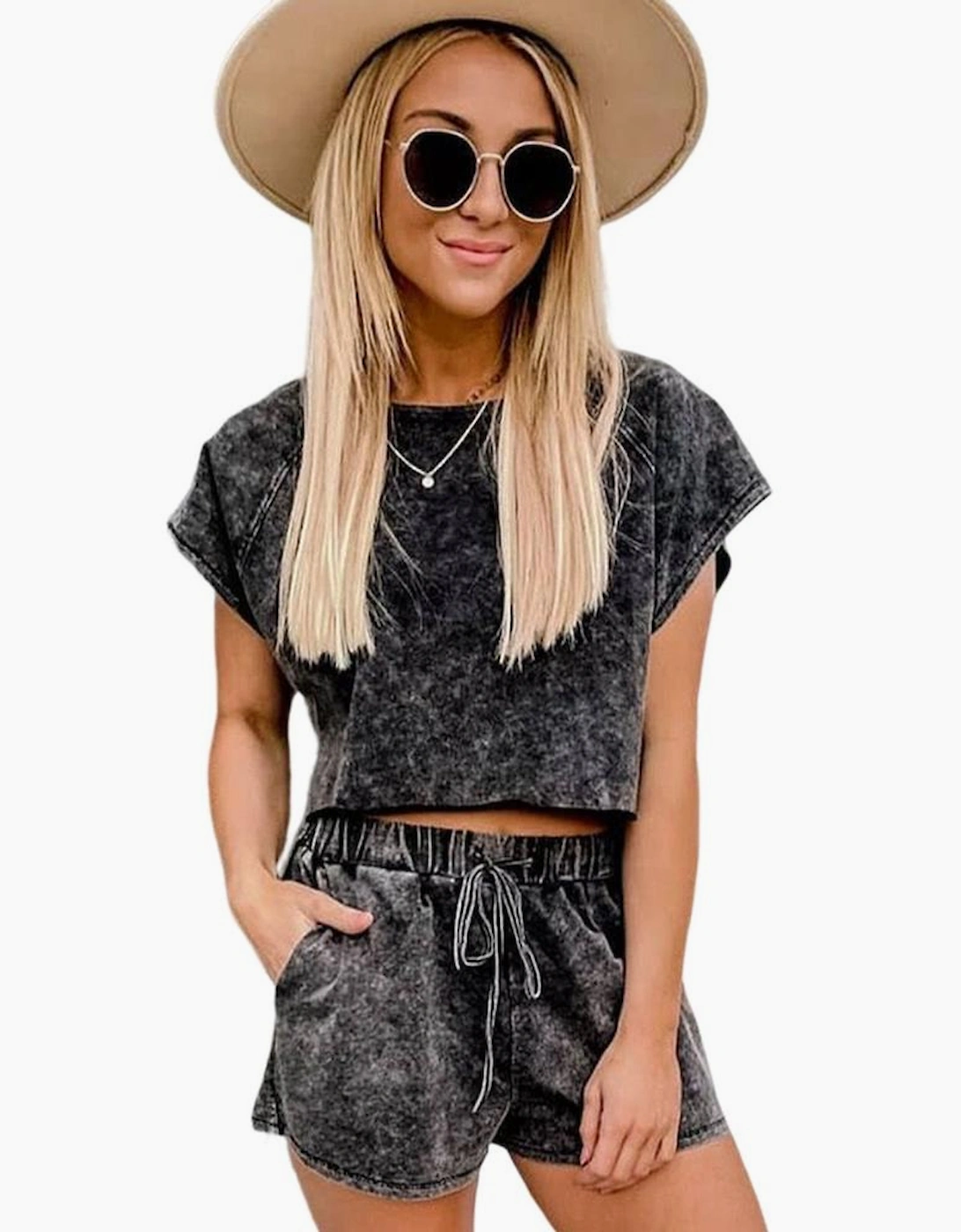 Black Acid Washed Short Lounge Set