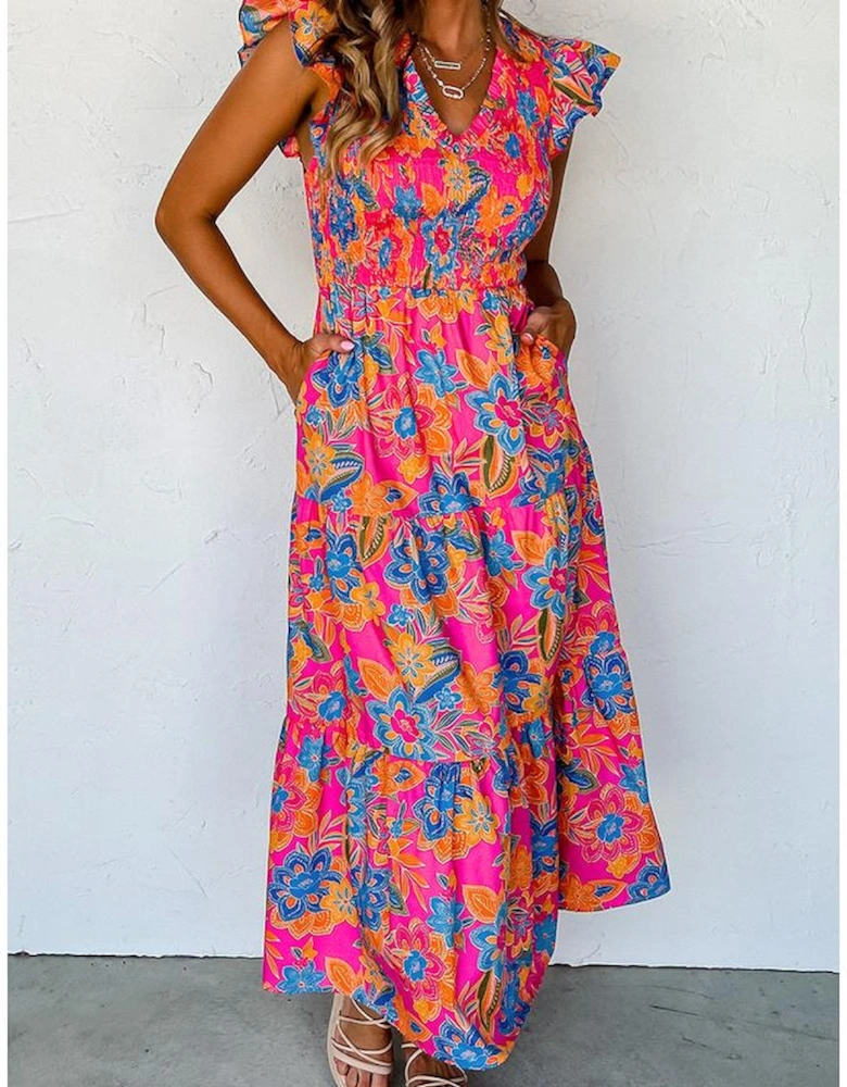 Rose Red Boho Floral V Neck Ruffle Tiered Long Dress