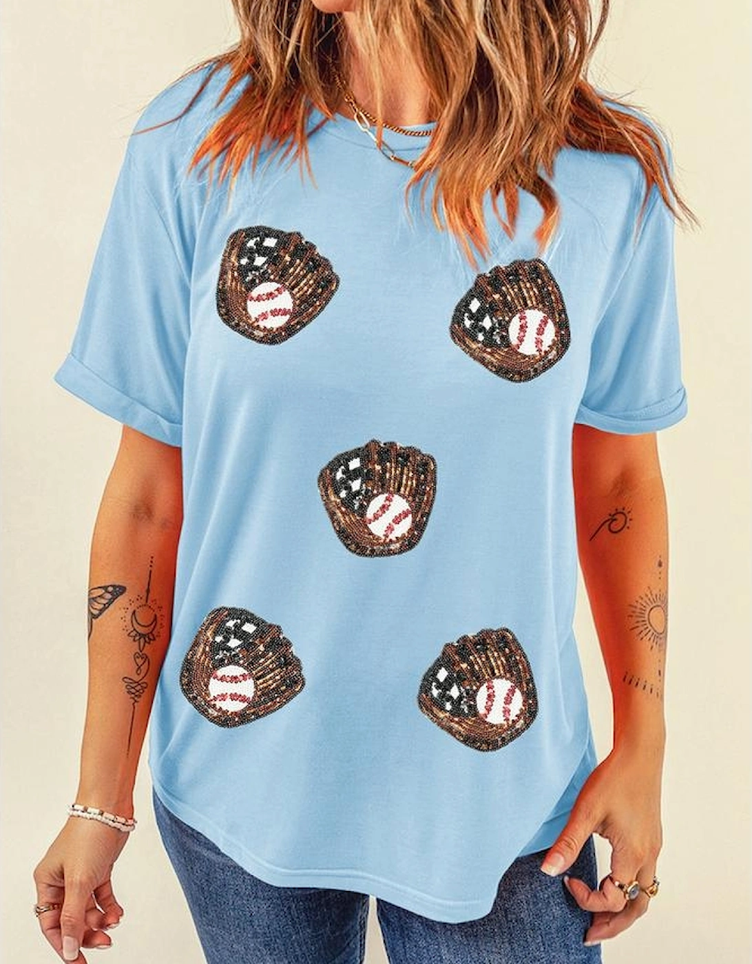 Light Blue Gopher Ball Sequin Patched Casual T Shirt