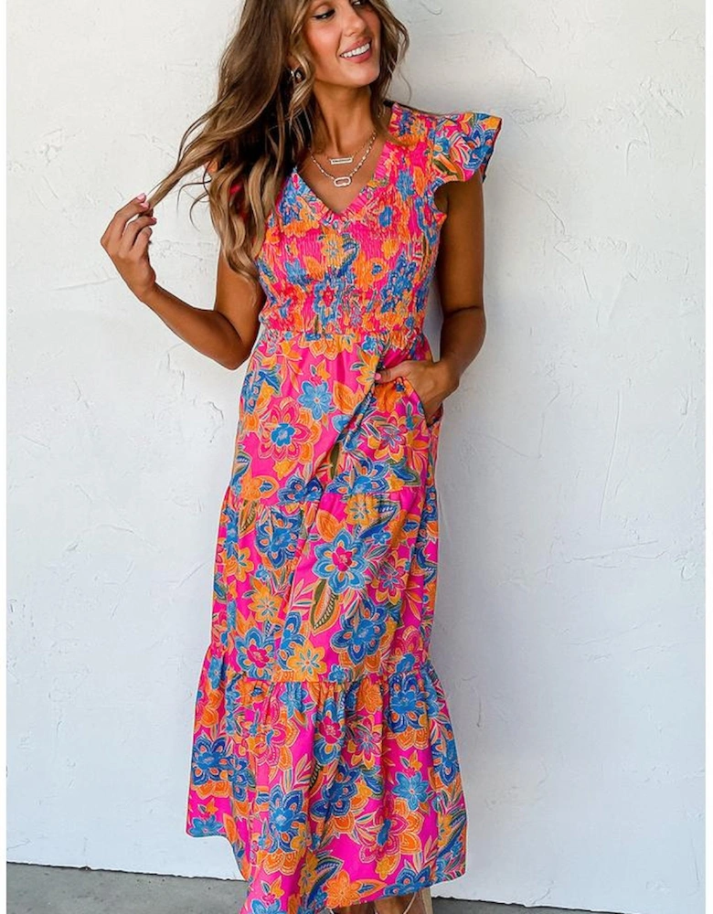 Rose Red Boho Floral V Neck Ruffle Tiered Long Dress