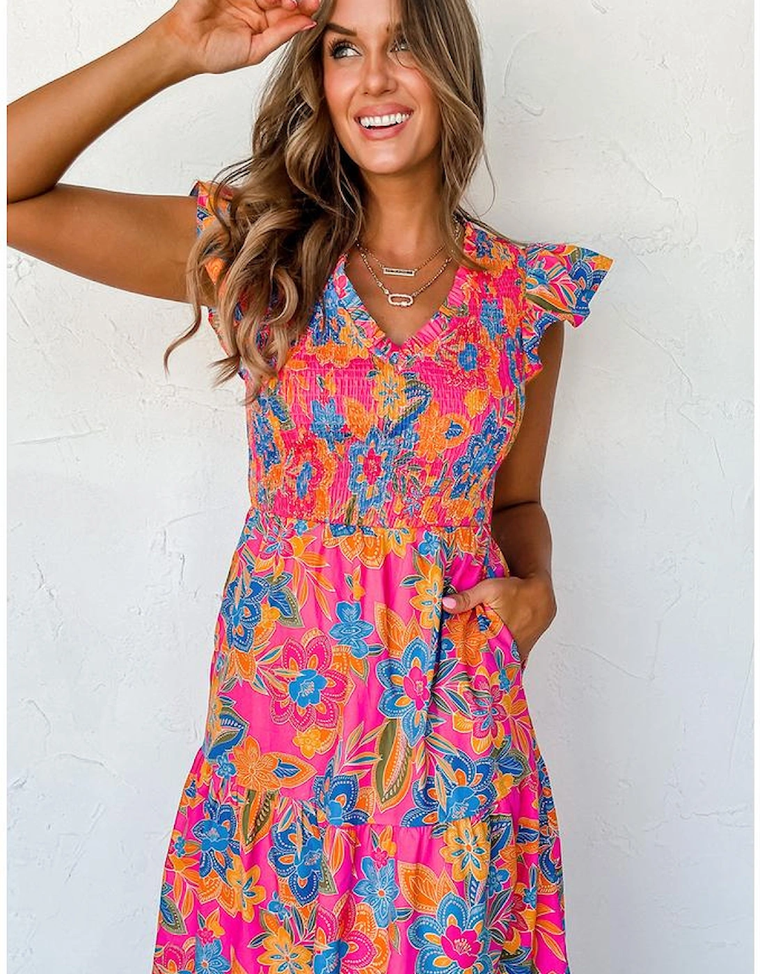 Rose Red Boho Floral V Neck Ruffle Tiered Long Dress