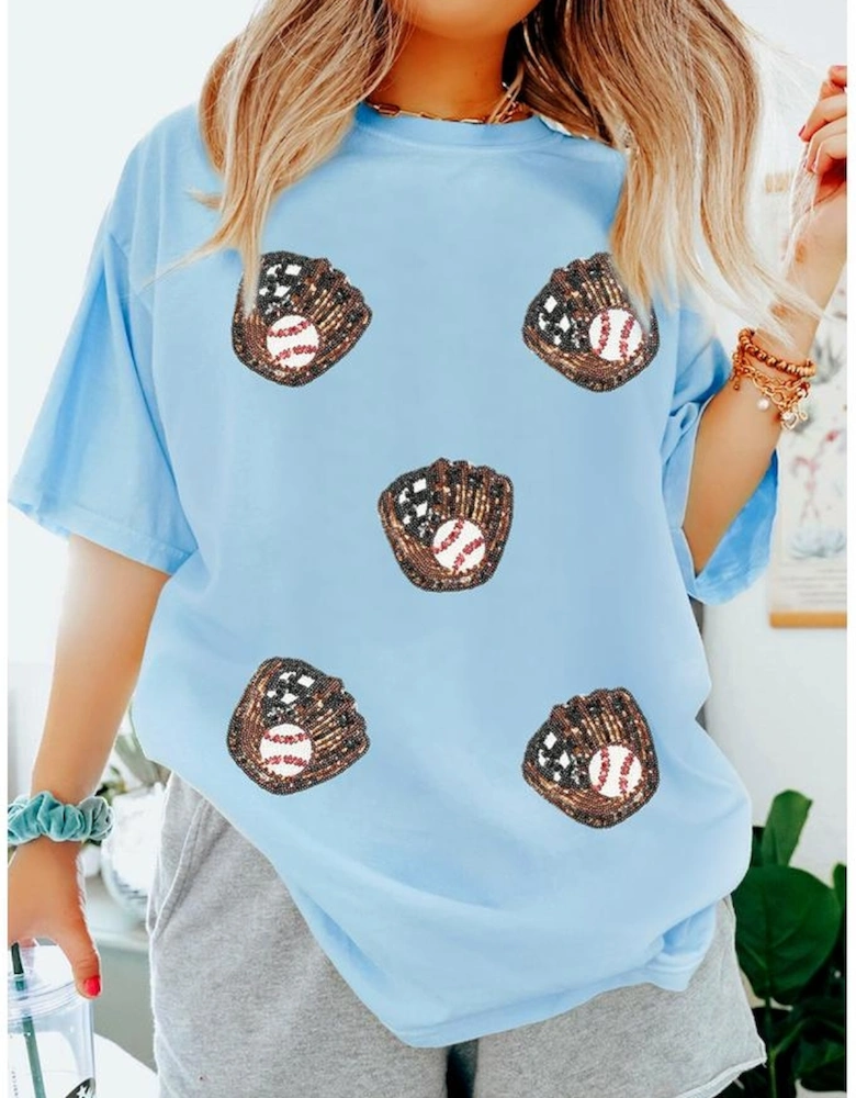 Light Blue Gopher Ball Sequin Patched Casual T Shirt