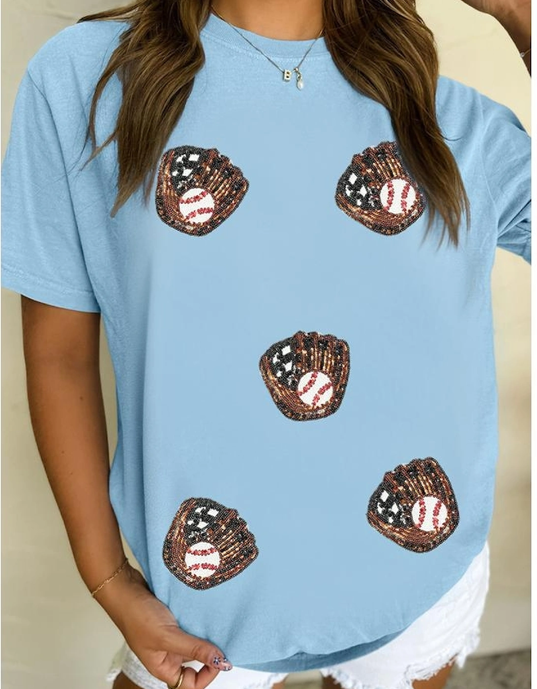 Light Blue Gopher Ball Sequin Patched Casual T Shirt