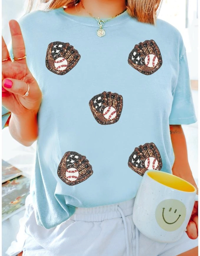 Light Blue Gopher Ball Sequin Patched Casual T Shirt