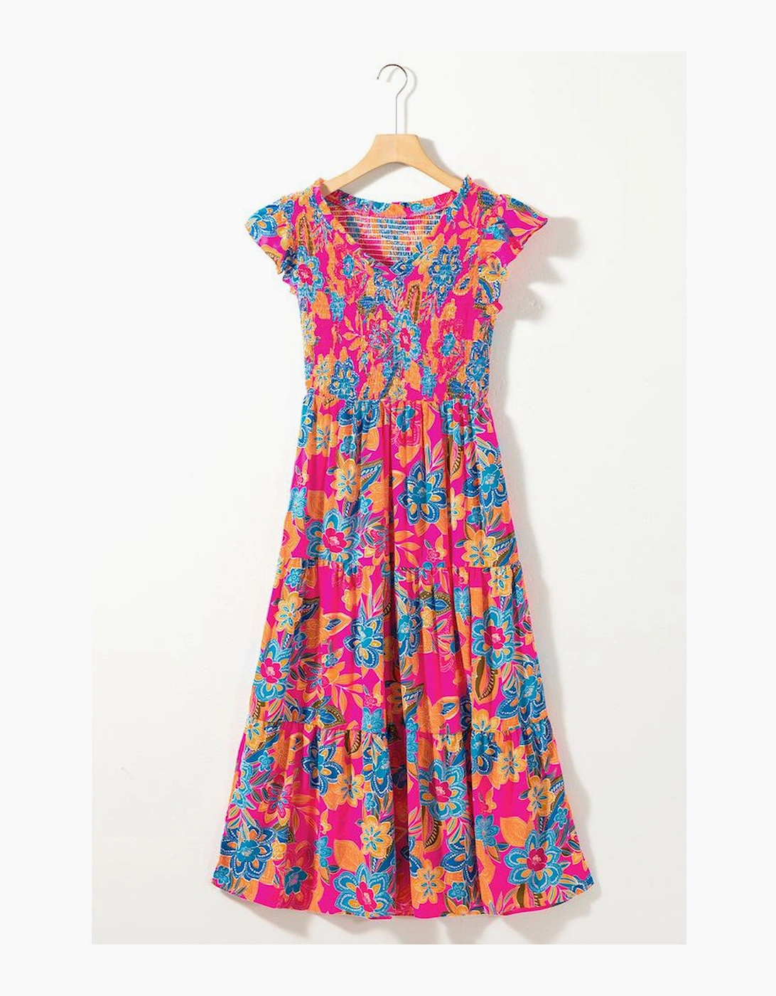 Rose Red Boho Floral V Neck Ruffle Tiered Long Dress