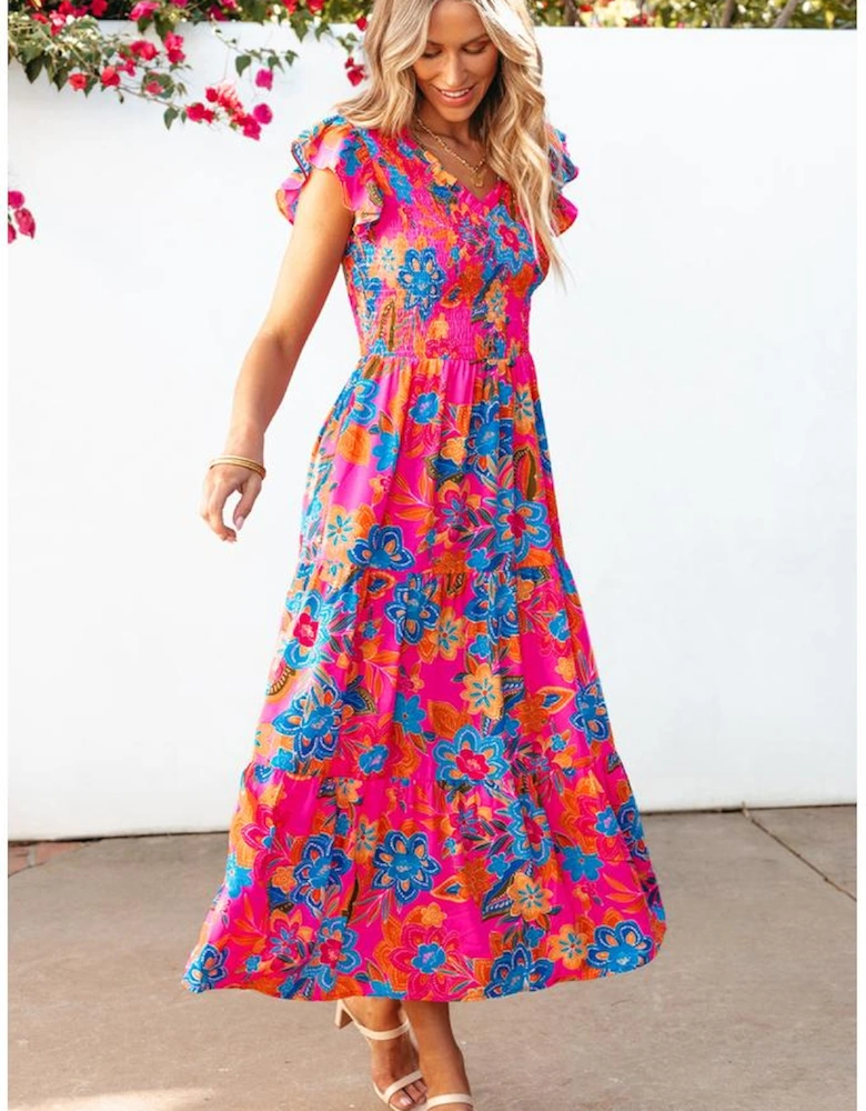 Rose Red Boho Floral V Neck Ruffle Tiered Long Dress
