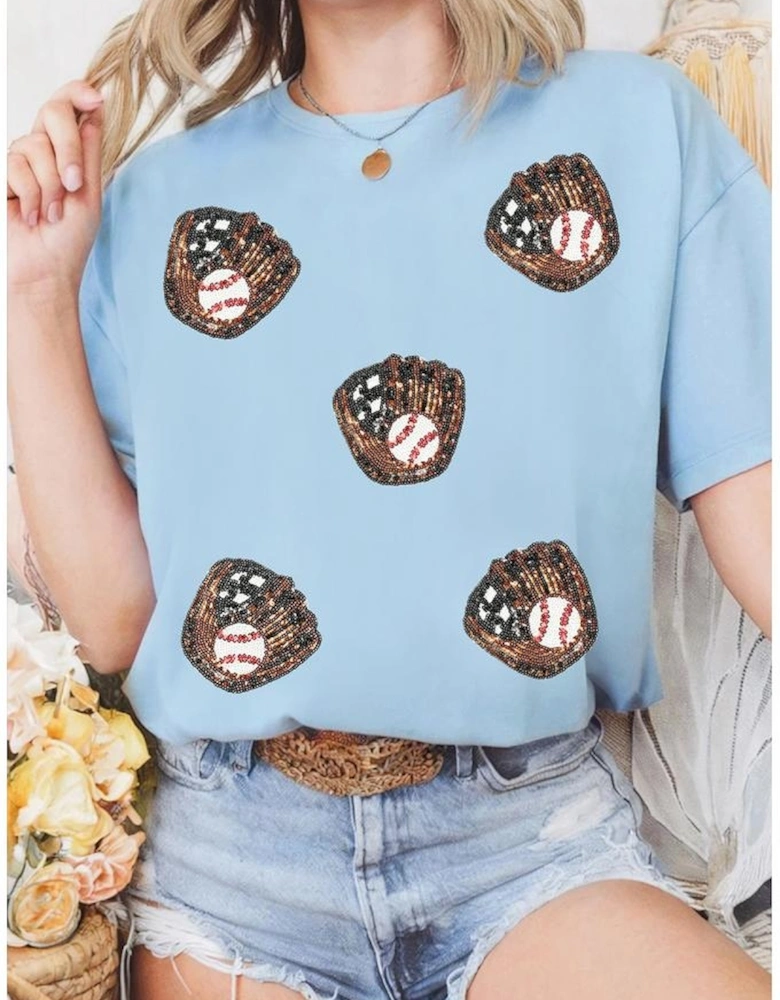Light Blue Gopher Ball Sequin Patched Casual T Shirt