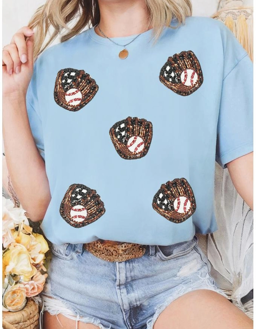 Light Blue Gopher Ball Sequin Patched Casual T Shirt