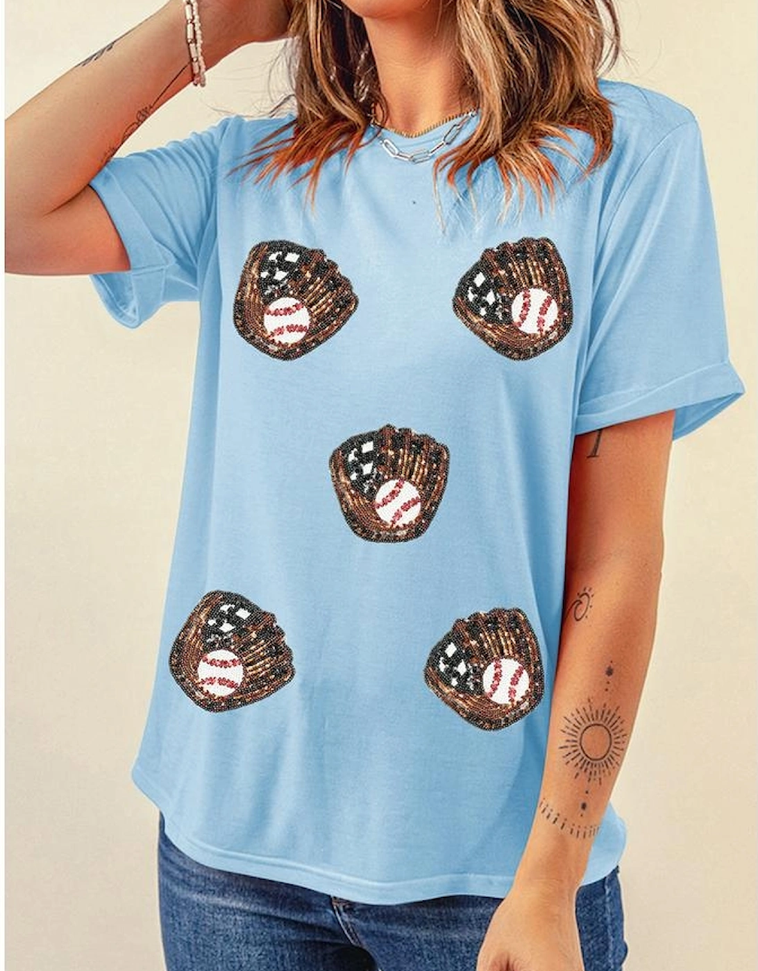 Light Blue Gopher Ball Sequin Patched Casual T Shirt